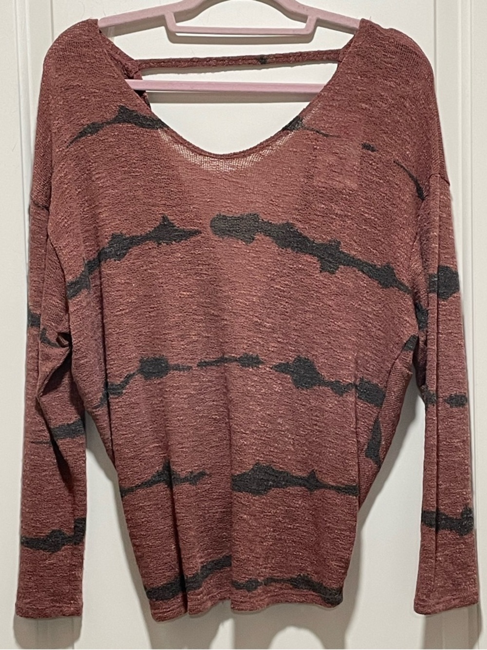 Boho Twist Back Black Mauve Tie-Dye Stripe Scoop Neck Lightweight Sweater